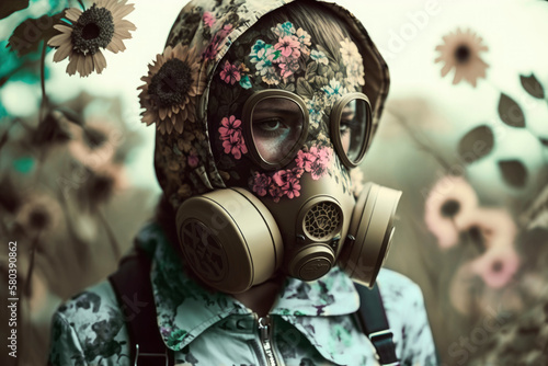 Young girl allergic to pollen with an anti-gas mask in a pink  flower field. Seasonal allergy and asthma concept. Illustration. Generative AI photo