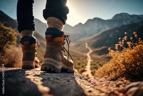 Cropped View of Hiking Boots on Mountain Trail AI Generated