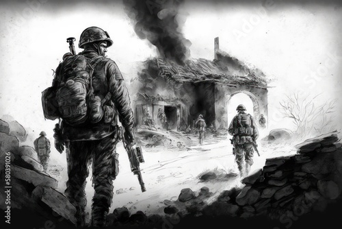 Pencil Sketch of soldiers in battle