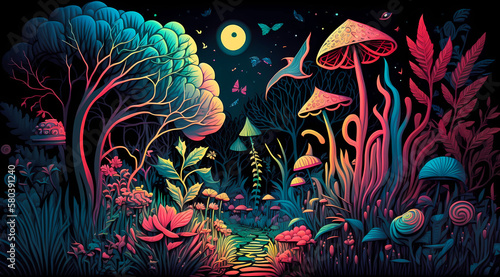 surreal illustration of a magic forest with mushrooms and trees, created with generative ai © Echelon IMG