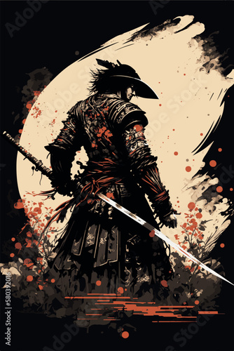 Japanese samurai warrior. Mighty ninja with swords. Cool poster of asian fighter with katana. Traditional hand drawn painting of fantasy martial ronin. Vector art tattoo. Cartoon style demon fighter.