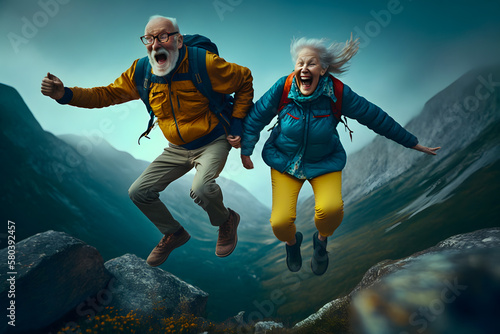 Bouncing happy cheerful elderly couple grandparents on the top of the mountain, the climbers have reached the peak. Generative AI