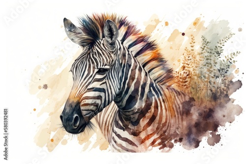 Africa watercolor savanna zebra animal. African Safari cute animals portrait character. Ideal for printing on wallpaper  packaging  wedding invitations  and wedding design. Generative AI