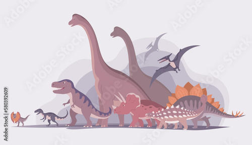 Group of dinosaurs. T rex, brachiosaurus, pteranodon, stegosaurus and triceratops. Jurassic period. Children toys, attraction and entertainment park. Cartoon vector illustration