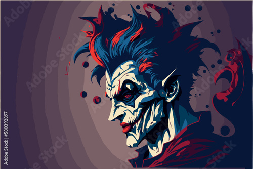 Mad crazy jester. Vector illustration of scary clown. Horror circus head. Cartoon design of creepy smile. Funny spooky man in a mask costume. Joker with angry look. Evil hand drawn halloween character