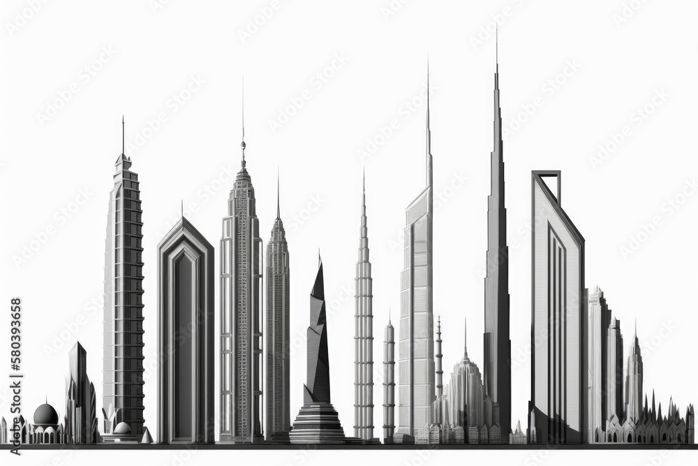 Naklejka premium Skyline of skyscrapers drawn on a white background. Generative AI