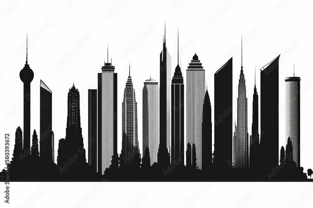 Obraz premium Skyline of skyscrapers drawn on a white background. Generative AI