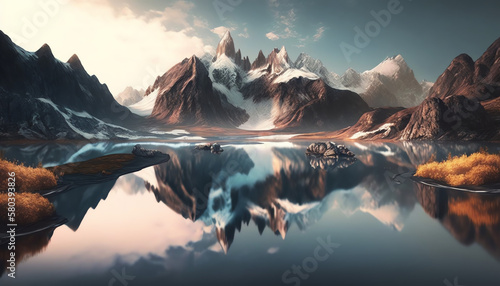 3d render, abstract landscape background. Panoramic scenery. Seascape with calm water and mountains under the pink blue sky, fantasy wallpaper