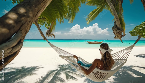 Beach vacation holidays with woman relaxing in hammock between coconut palm tree, white sand, blue sky and turquoise water. Scenic island resort in Maldives, perfect travel destination