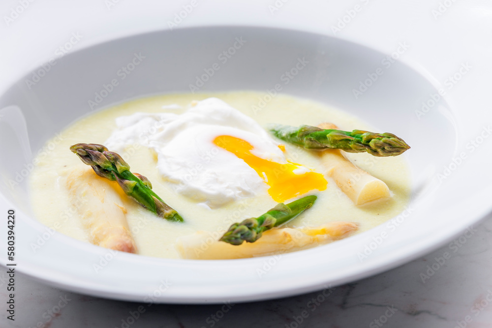 white and green asparagus soup with poached egg white and green asparagus soup with poached egg