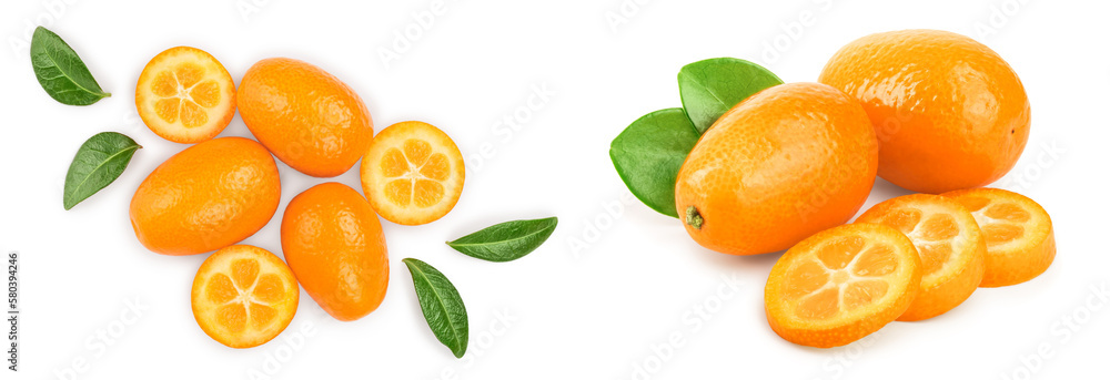 Cumquat or kumquat with half isolated on white background. Top view. Flat lay Cumquat or kumquat with half isolated on white background. Top view. Flat lay
