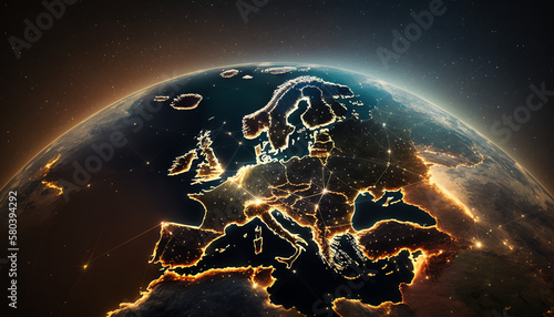 Sunrise on planet Earth viewed from space with city lights in Europe showing connections between European countries. Elements from NASA. Technology, global communication, world, energy, electricity