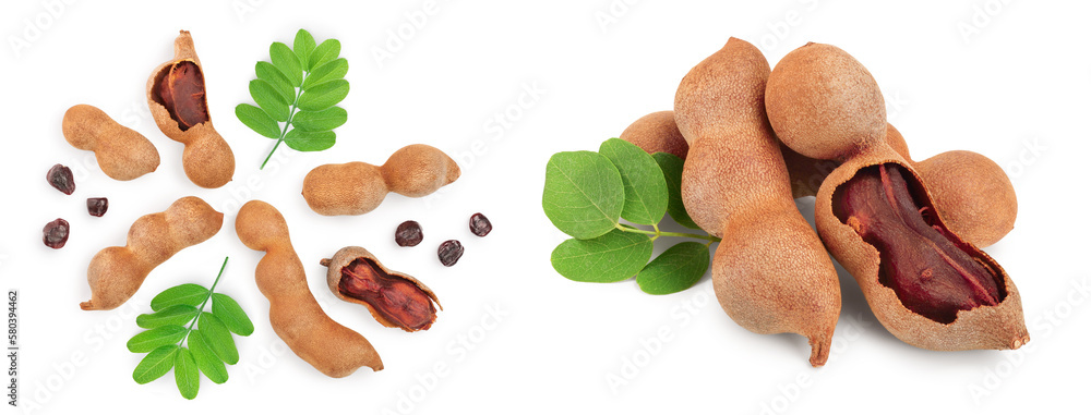 Tamarind fruit with leaf and seed isolated on white background, Top view. Flat lay Tamarind fruit with leaf and seed isolated on white background, Top view. Flat lay