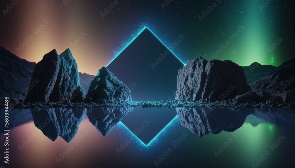 3D render of an abstract neon background with a rhombus geometric shape ...