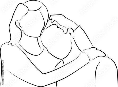  Hand Drawn Line Drawing of a Couple of a Mother, Woman Consoling a Sad Son or Male Person