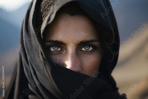 Middle eastern woman portrait.She has very beautiful eyes.Close up view.Front view.Created with generative ai