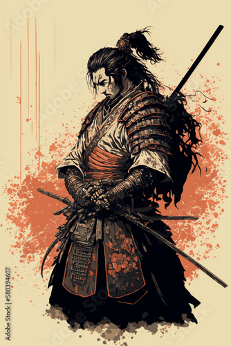 Japanese samurai warrior. Mighty ninja with swords. Cool poster of asian fighter with katana. Traditional hand drawn painting of fantasy martial ronin. Vector art tattoo. Cartoon style demon fighter.