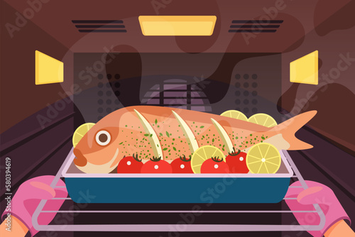 Hands of chef in protection kitchen gloves bake fish vector illustration. Cartoon isolated hands in pink protective mittens open oven door, hold tray with baked seafood and vegetables for dinner