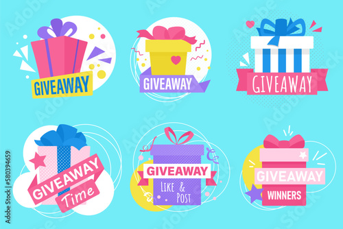 Giveaway in social media, prizes of contest set vector illustration. Cartoon gift boxes with ribbon and confetti, festive presents for winners in badges and Giveaway text in frame on blue background