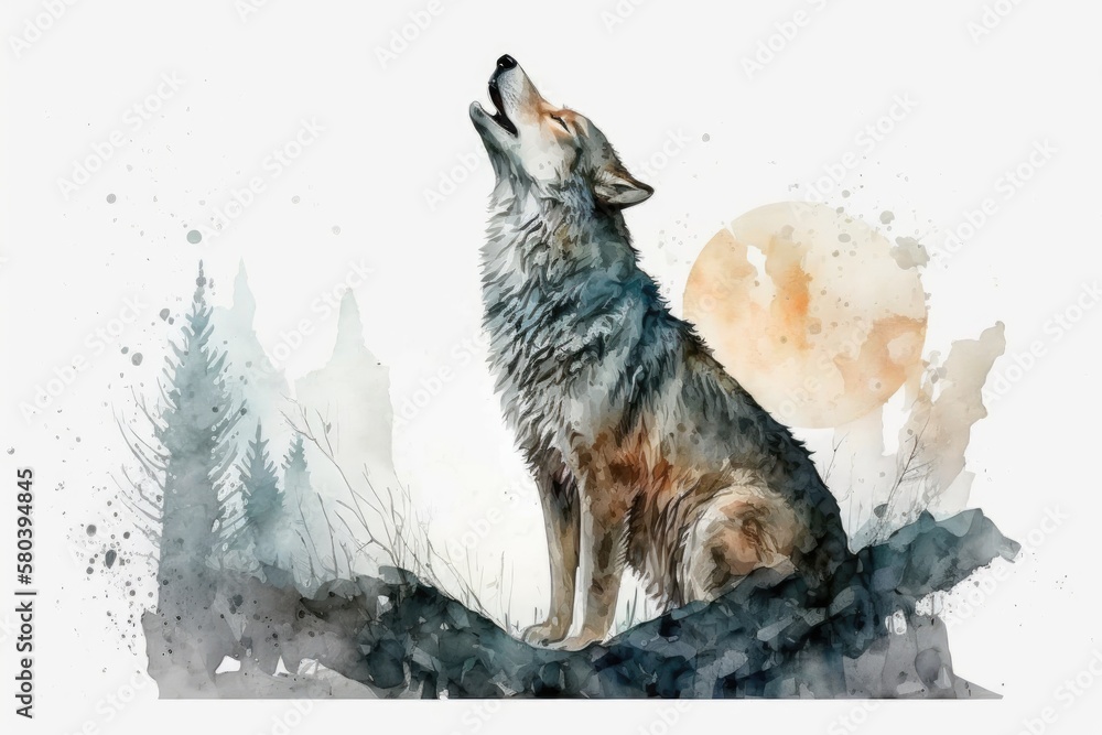 Fototapeta Watercolor drawing of a wolf howling. Grey wolf, coyot howl, hand drawn picture of an animal. Animals that hunt in the forest. Single wolf howl. A gray, hairy coyot is sitting. Generative AI