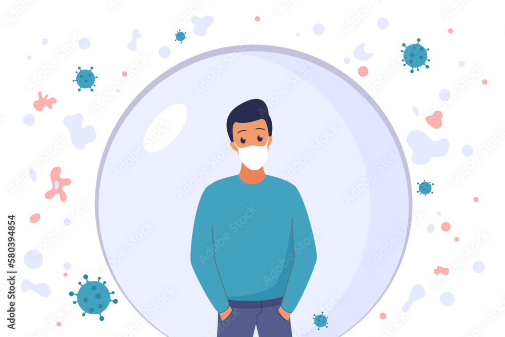 Man in protection bubble vector illustration. Cartoon male character