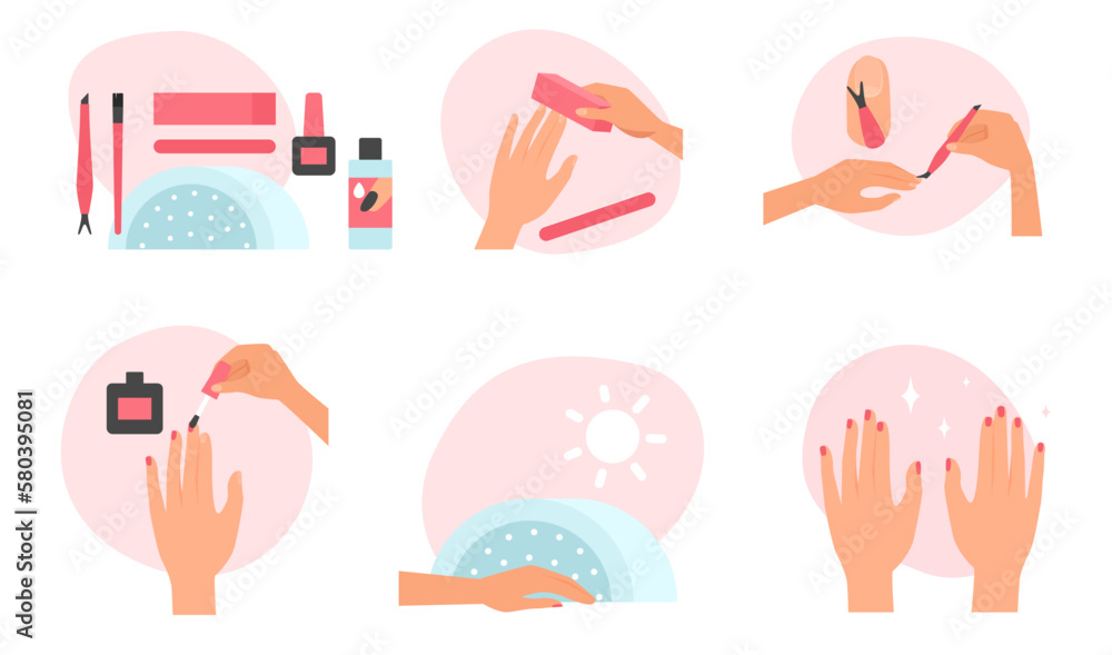 Steps of manicure and nail polish flat icons set vector illustration. Female hands using nail file and cuticle remover, painting fingernails, drying under UV lamp in salon or home - obrazy, fototapety, plakaty 