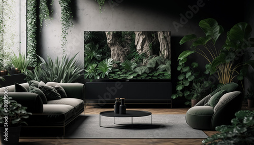 AI Generative Illustration of a Creative Photo of a sleek and modern TV set, set against the backdrop of a luxurious living room design