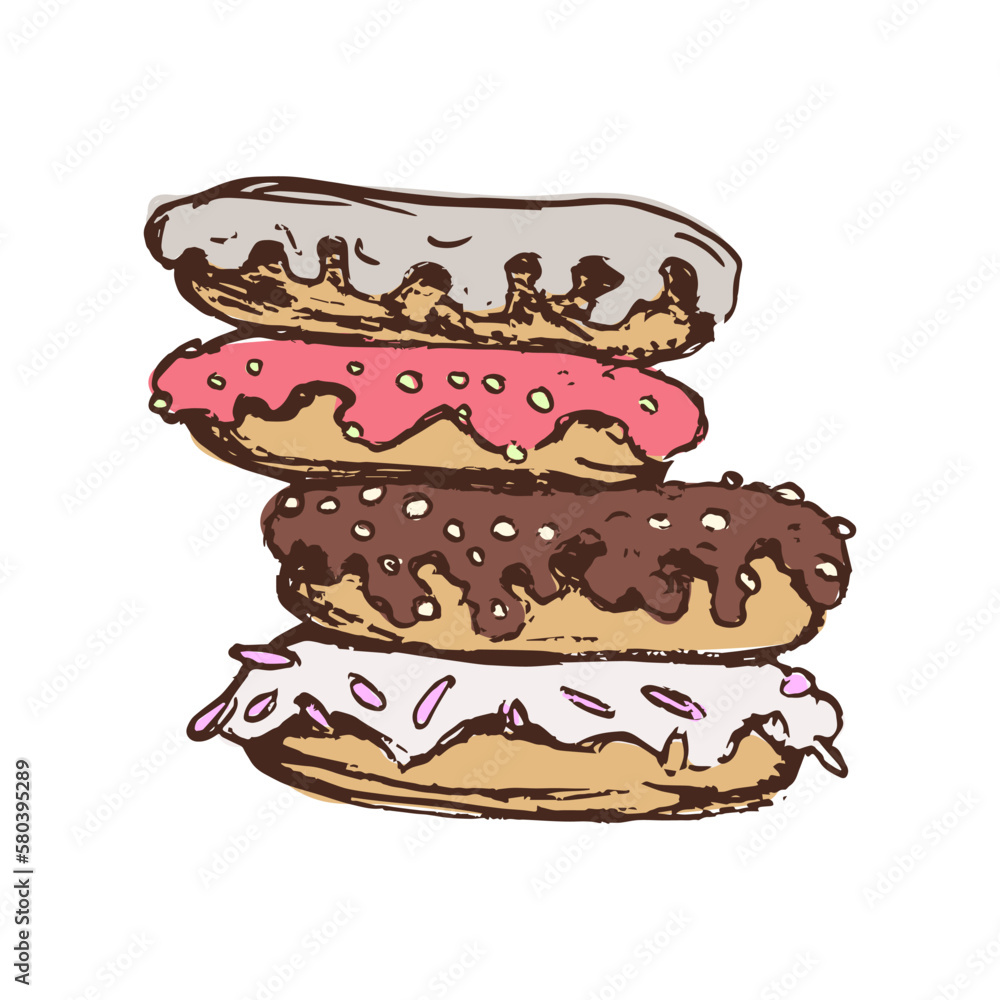 Multi-colored donuts lie on top of each other. Line drawing, line art. Vector illustration. Multi-colored donuts lie on top of each other. Line drawing, line art. Vector illustration.