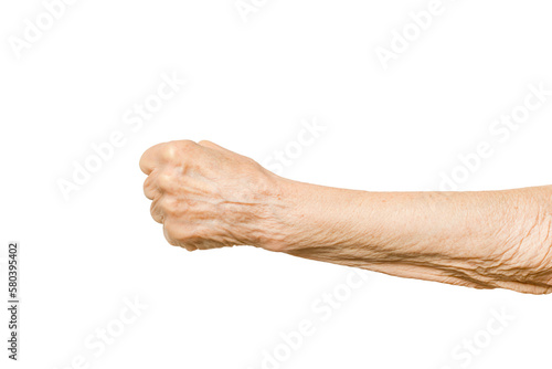 Old lady arm. Elderly woman fist isolated on white background