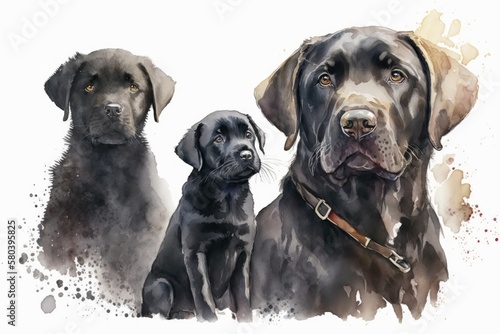 Watercolor picture of a black labrador retriever with a puppy, a dog and a puppy, a pet,. Generative AI
