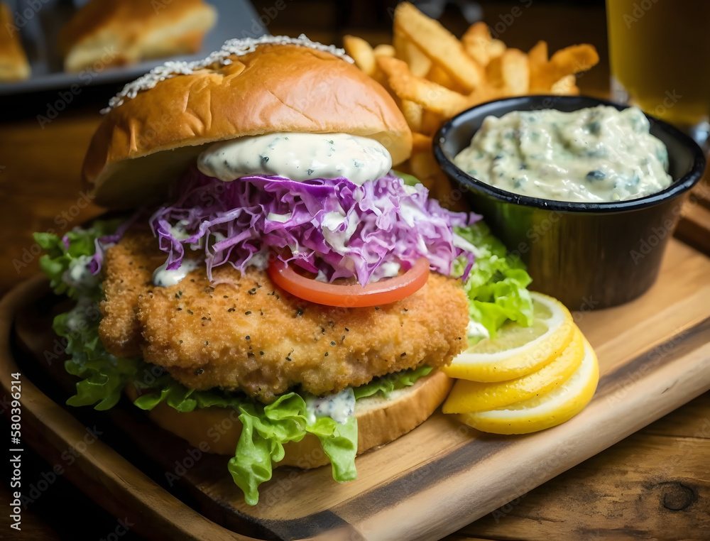 A delicious fish burger with a golden, crispy panko-breaded fish fillet, topped with a generous dollop of creamy homemade tartar sauce with a side of crispy fries. AI generated