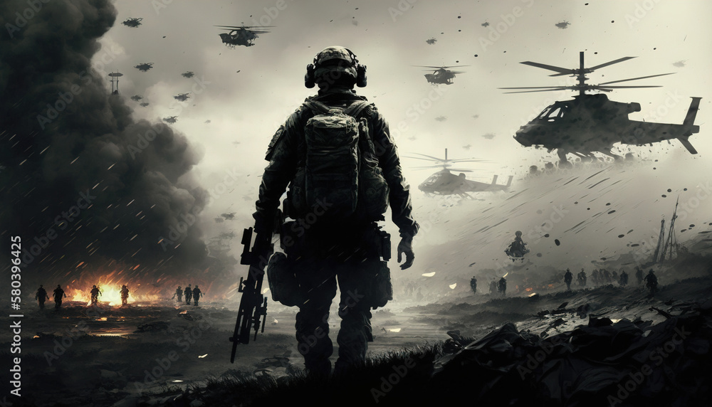 War. Armed soldier with explosions on background. AI War. Armed soldier with explosions on background. AI
