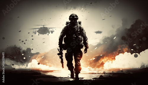 War. Armed soldier with explosions on background. AI © Oleksandr Blishch