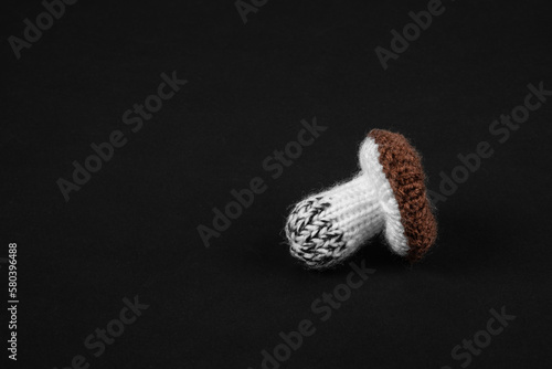 handmade knitted mushrooms isolated on black background photo