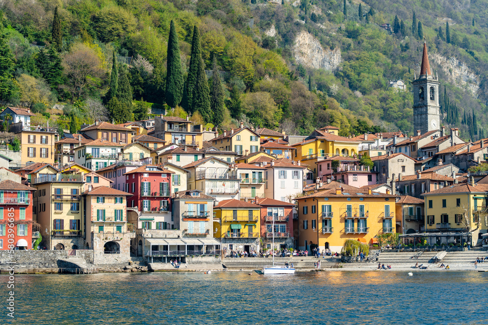 Typical colorful houses in Varenna, one of the most picturesque towns on the shore of Lake Como. Charming location with typical Italian atmosphere.
