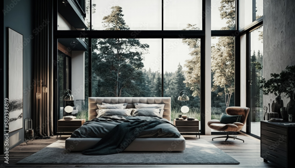 AI Generative Illustration of a Creative Photo of Luxurious Modern Bedroom with French Windows, A breathtaking photograph of a modern and luxurious bedroom design