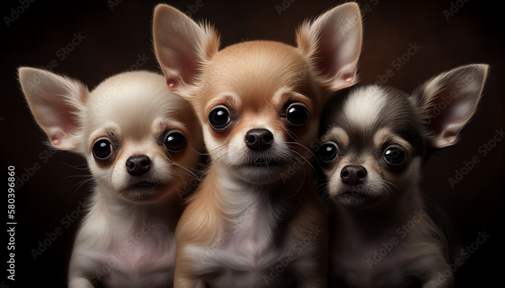 Chihuahua puppies all different colors, pointy ears, brown and white, litter of puppies