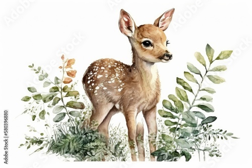 Watercolor picture of a cute little deer, forest animal, baby deer, Bambi deer, baby shower, children's card for congratulations. Generative AI
