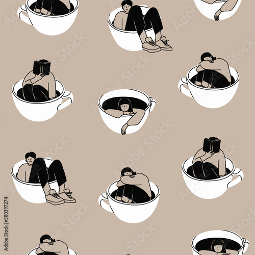 Set of various young People sitting in the big giant Cups in different positions. Funny characters. Cartoon comic style. Hand drawn trendy Vector illustration. Square seamless Pattern
