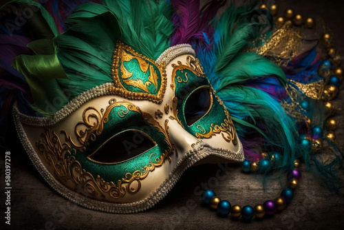  Mardi Gras mask. Traditional festival of New Orleans in the United States. Tuesday of Carnival. Parade. mask with feathers and gold, purple and green colors. Crazy party with necklaces. Generative ai