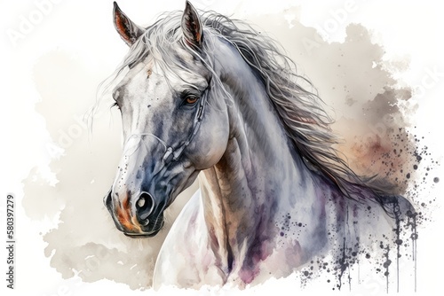 White purebred Arab horse on a watercolor painting. Generative AI © AkuAku