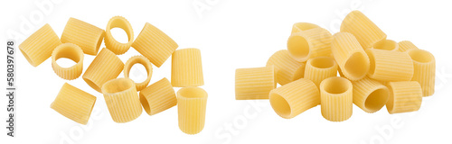 raw italian pasta isolated on white background . Mezze Maniche Rigate Bronze die. Top view. Flat lay