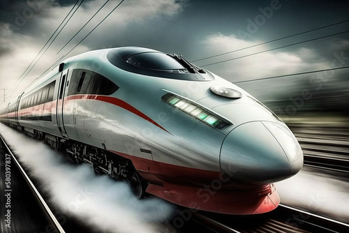 Railway transport concept, high speed modern train on the railroad city landscape, clouds sky. Generative AI