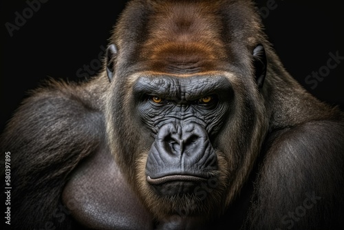 western Lowland Gorilla (Gorilla, gorilla, gorilla) with a strong, angry look on its face. Generative AI