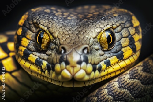 Yellow ringed Boiga snake dendrophila, Head of Boiga dendrophila, animal close up, animal attack. Generative AI