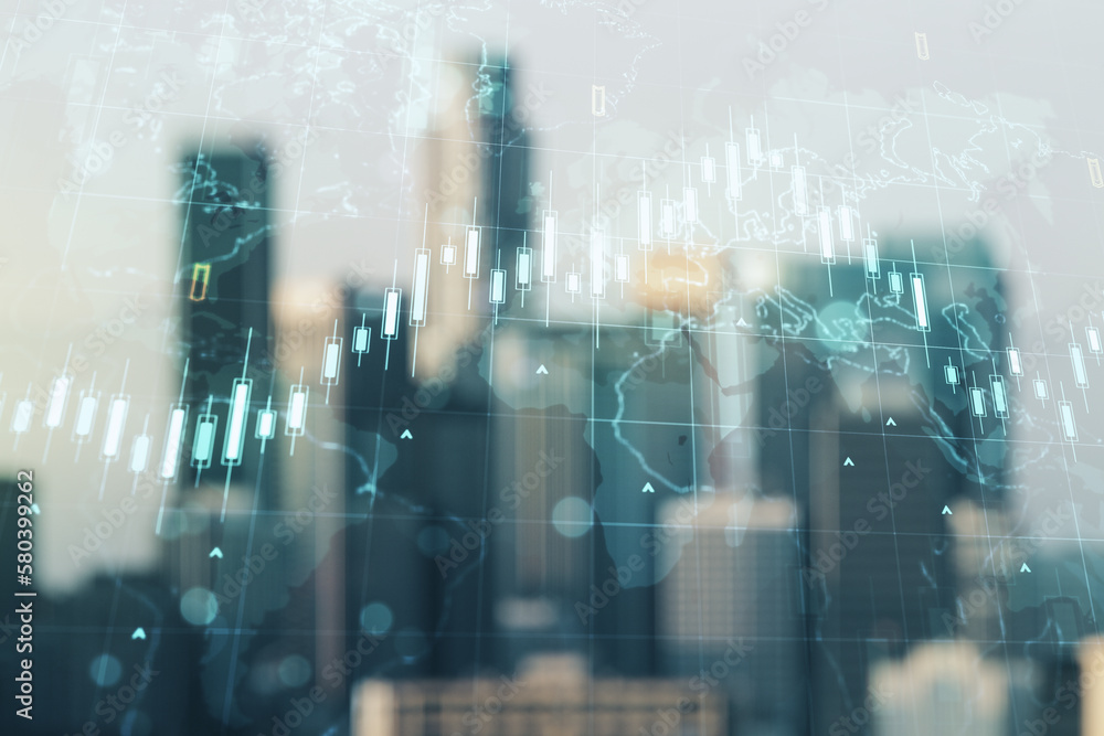Fototapeta premium Multi exposure of abstract financial diagram and world map on blurry office buildings background, banking and accounting concept