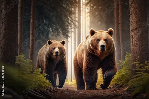 Two big brown bears are up close in the forest. Dangerous animal in natural habitat. Wildlife scene. Generative AI © AkuAku