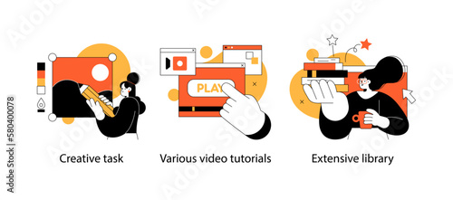 Educational and Self-Development Concept Illustrations. Different people inolved in education process. Concept for trainings, seminars, back to school, online courses.