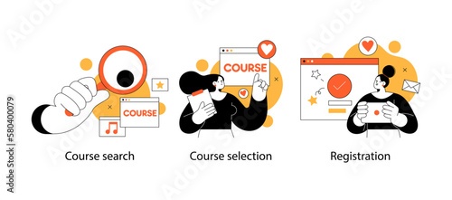 Educational and Self-Development Concept Illustrations. Different people inolved in education process. Concept for trainings, seminars, back to school, online courses.