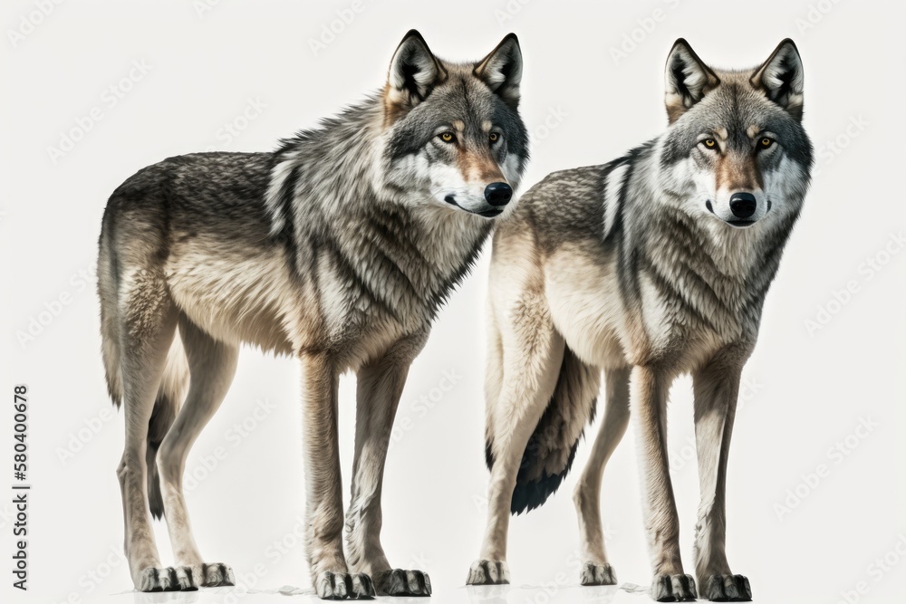 Two gray wolves standing out against a white background. Generative AI Two gray wolves standing out against a white background. Generative AI